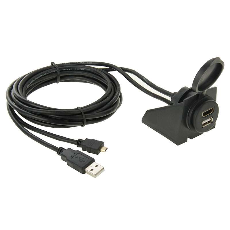 USB 2.0 & Micro HDMI (Type-D) Male to USB 2.0 & HDMI (Type-A) Female Adapter Cable with Car Flush Mo