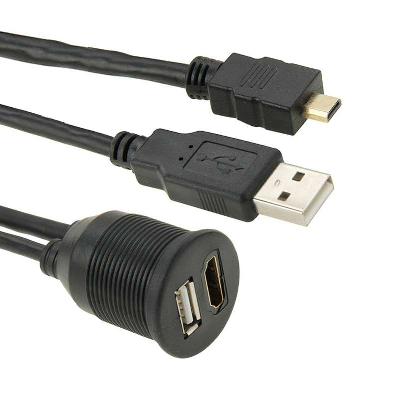 USB 2.0 & Micro HDMI (Type-D) Male to USB 2.0 & HDMI (Type-A) Female Adapter Cable with Car Flush Mo
