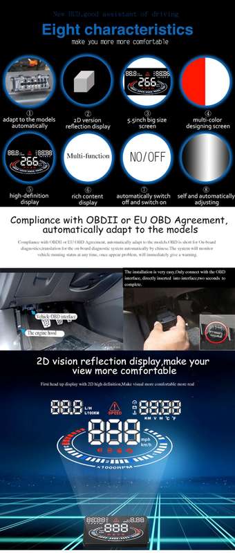 E300 5.5 inch Car OBDII / EUOBD HUD Vehicle-mounted Head Up Display Security System, Support Speed &