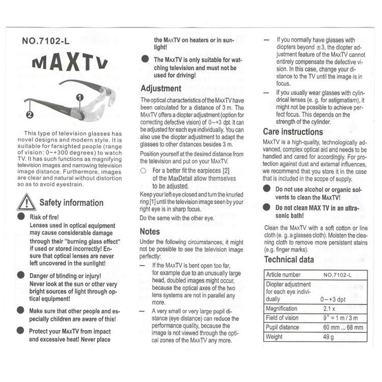 7012L 2.1X TV Magnification Glasses for Hyperopia People (Range of Vision: 0 to +300 Degrees)(Black)