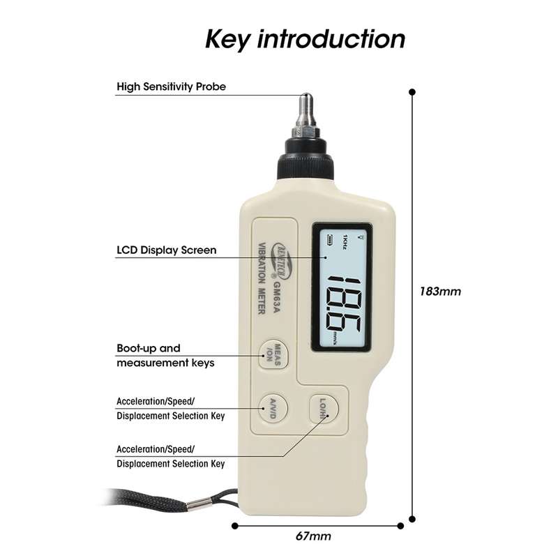 BENETECH GM63A Vibration Meter Digital Tester Vibrometer Analyzer Acceleration Velocity(White)