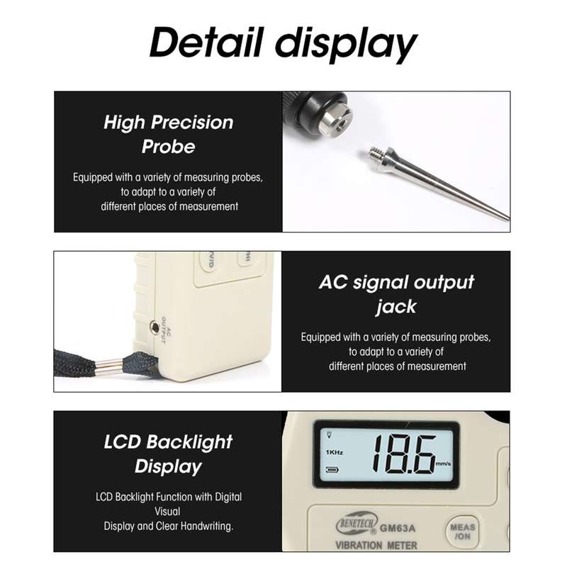 BENETECH GM63A Vibration Meter Digital Tester Vibrometer Analyzer Acceleration Velocity(White)