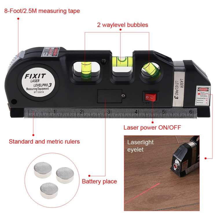 Laser Level with Tape Measure Pro (25 feet) & Belt Clip / Can be Attached to Tripod(Yellow)