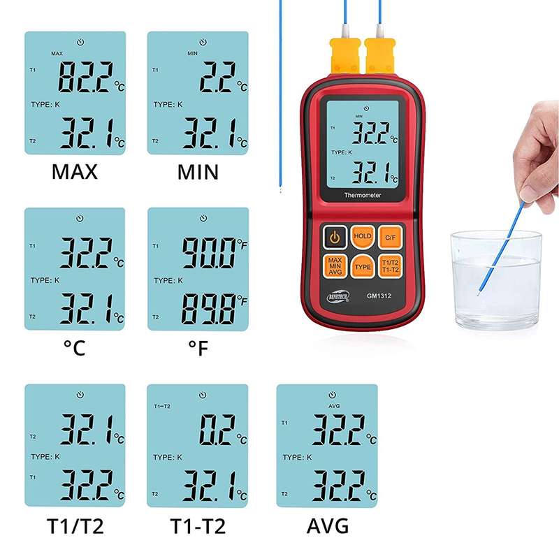 BENETECH GM1312 2.4 inch LCD Screen Thermocouple Thermometer Measure J,K,T,E,N and R Type, Measure R