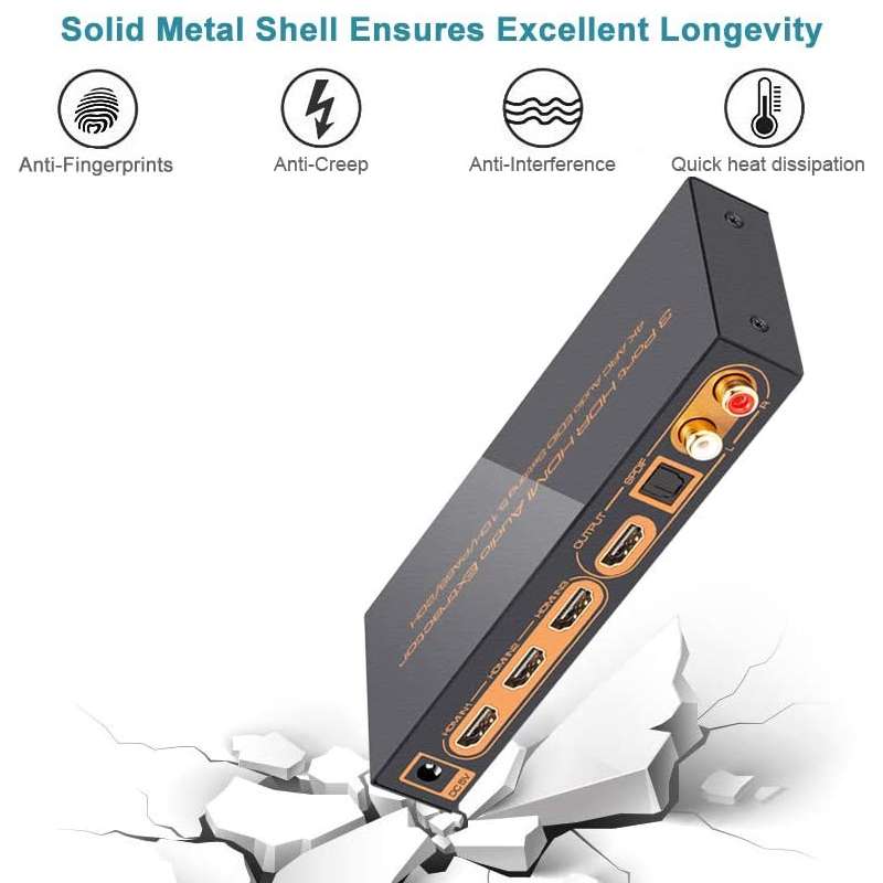 3 Ports HDMI/MHL Audio Extractor with IR Remote Control, 4K ARC Audio EDID Setting 5.1ch / PASS / 2