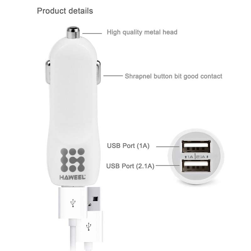 [HK Warehouse] HAWEEL High Quality 2.1A + 1A Dual USB Ports Car Charger(Black)