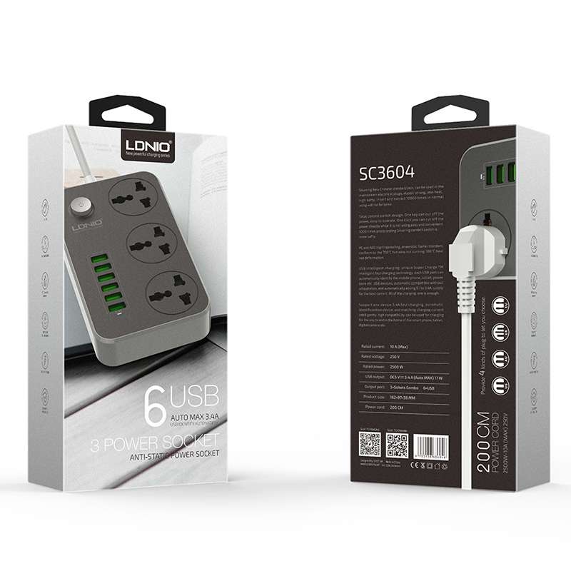 LDNIO SC3604 6 x USB Ports Multi-function Travel Home Office Socket, Cable Length: 2m, Big UK Plug