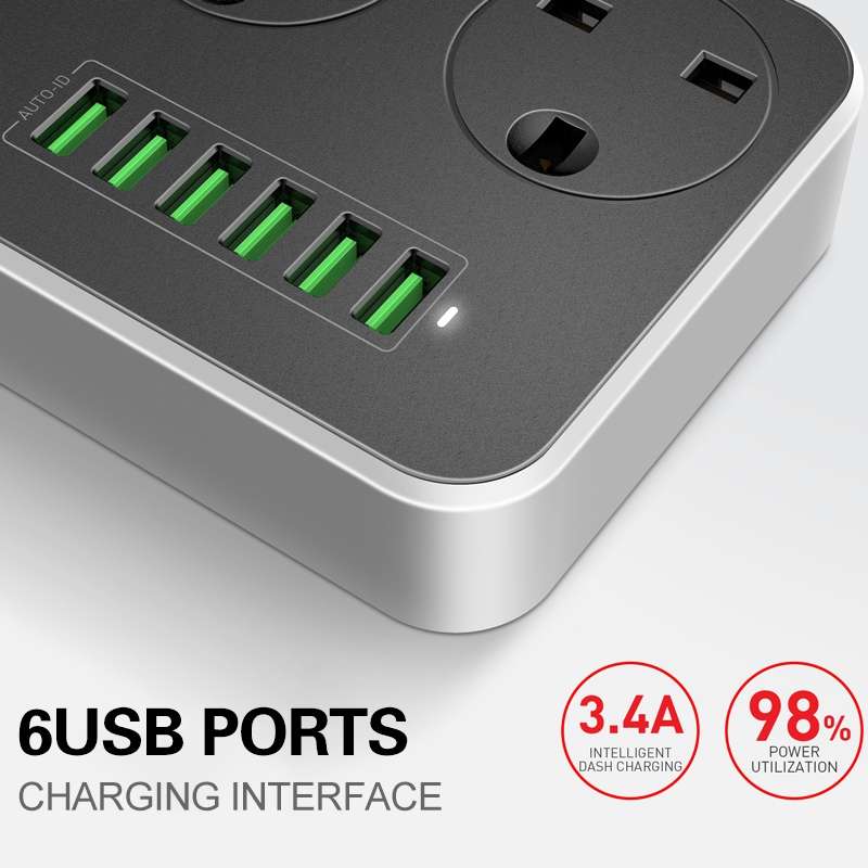 LDNIO SC3604 6 x USB Ports Multi-function Travel Home Office Socket, Cable Length: 2m, Big UK Plug
