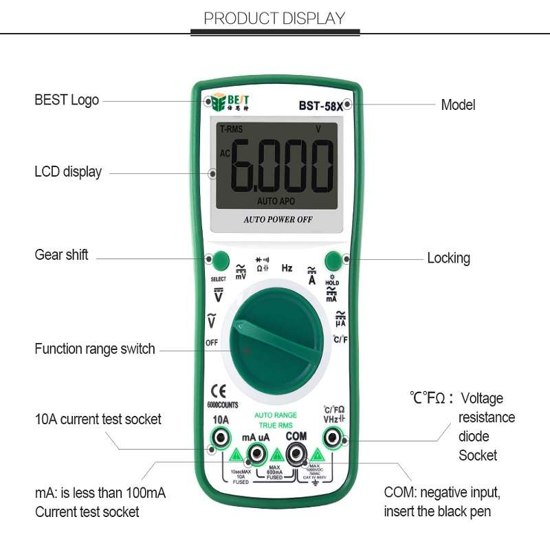 BEST BST-58X Multi-function Digital Multimeter Automatic Range Four Position Semi Backlight Display