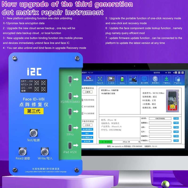 i2C IFace-V8i 3rd Face ID Dot Matrix Projection Repair Programmer With Flex Cable For iPhone X-12 Pr