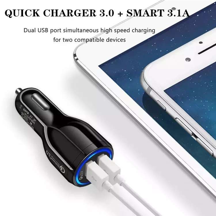 Qc3.0 Dual USB Car Charger + 8 Pin Fast Charging Line Car Charging Kit(Black)
