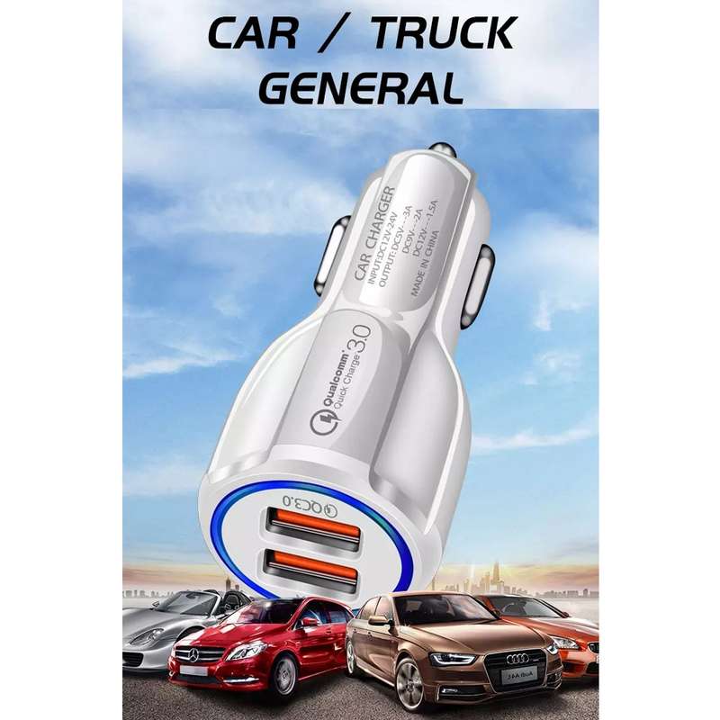 Qc3.0 Dual USB Car Charger + 8 Pin Fast Charging Line Car Charging Kit(White)