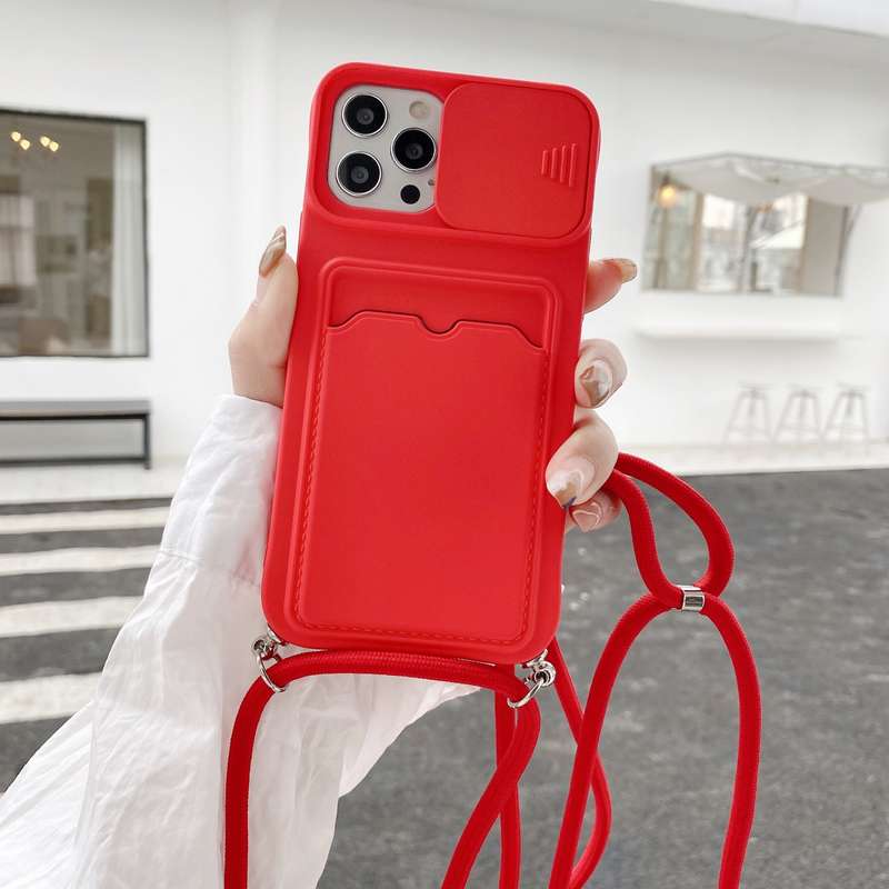 For iPhone 11 Sliding Camera Cover Design TPU Protective Case With Card Slot & Neck Lanyard (Purple)