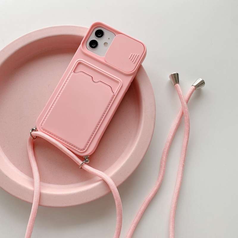 For iPhone 11 Sliding Camera Cover Design TPU Protective Case With Card Slot & Neck Lanyard (Purple)
