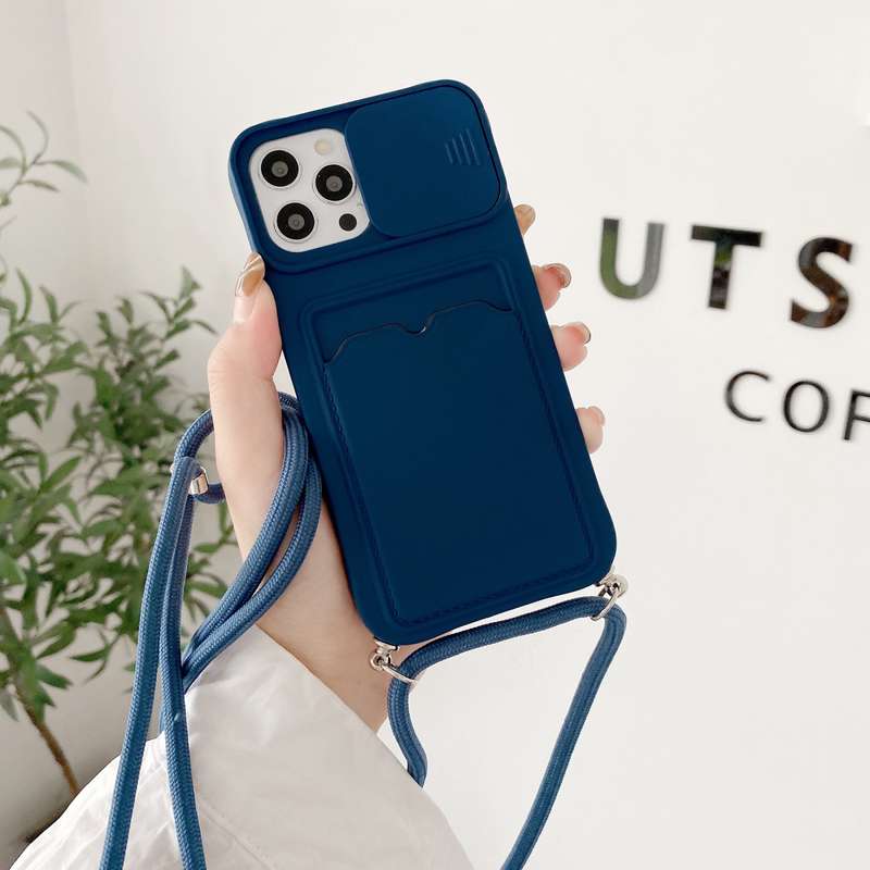 For iPhone 11 Sliding Camera Cover Design TPU Protective Case With Card Slot & Neck Lanyard (Purple)