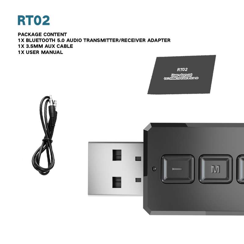 RT02 USB Bluetooth Audio Adapter Receives Transmits 2-in-1 Bluetooth 5.0 Hands-free Talk Car Bluetoo
