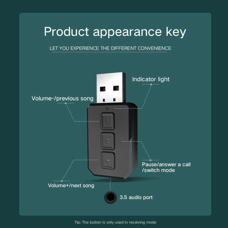RT02 USB Bluetooth Audio Adapter Receives Transmits 2-in-1 Bluetooth 5.0 Hands-free Talk Car Bluetoo