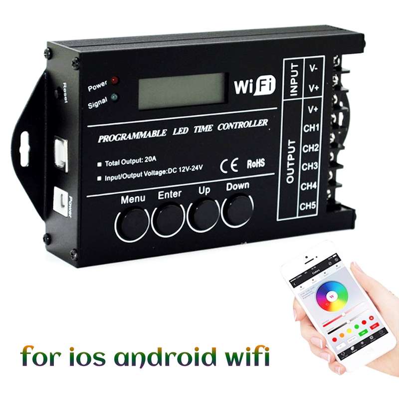 TC421 20A WiFi Programmable 5CH RGB LED Time Controller for Aquarium, Fish Tank, Plant Growth, DC 12