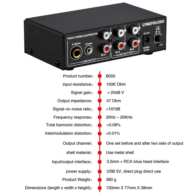3-Channel Mixer Front Stereo Amplifier High / Mid / Bass Adjuster, USB 5V Power Supply, US Plug