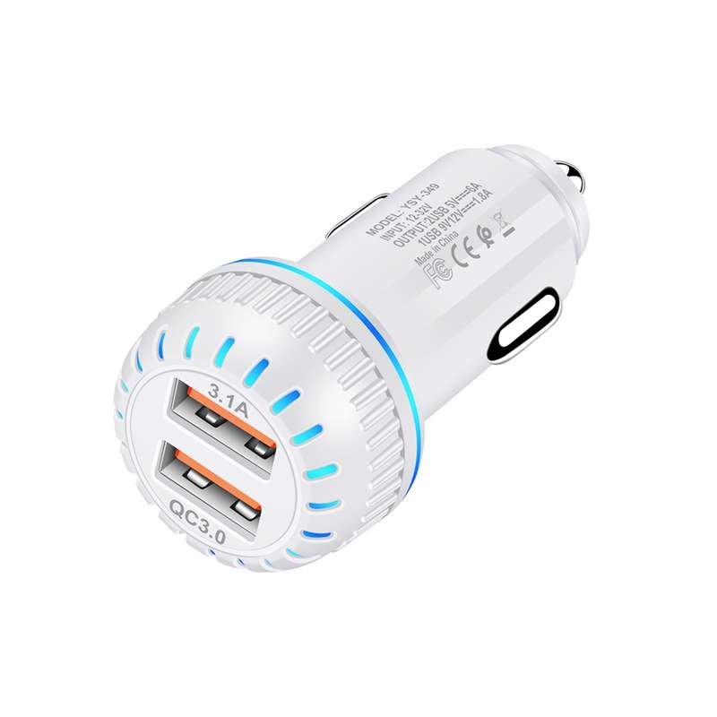 YSY-349 QC3.0 Dual USB Port Car Charger + 1m 3A USB to Micro USB Data Cable(White)