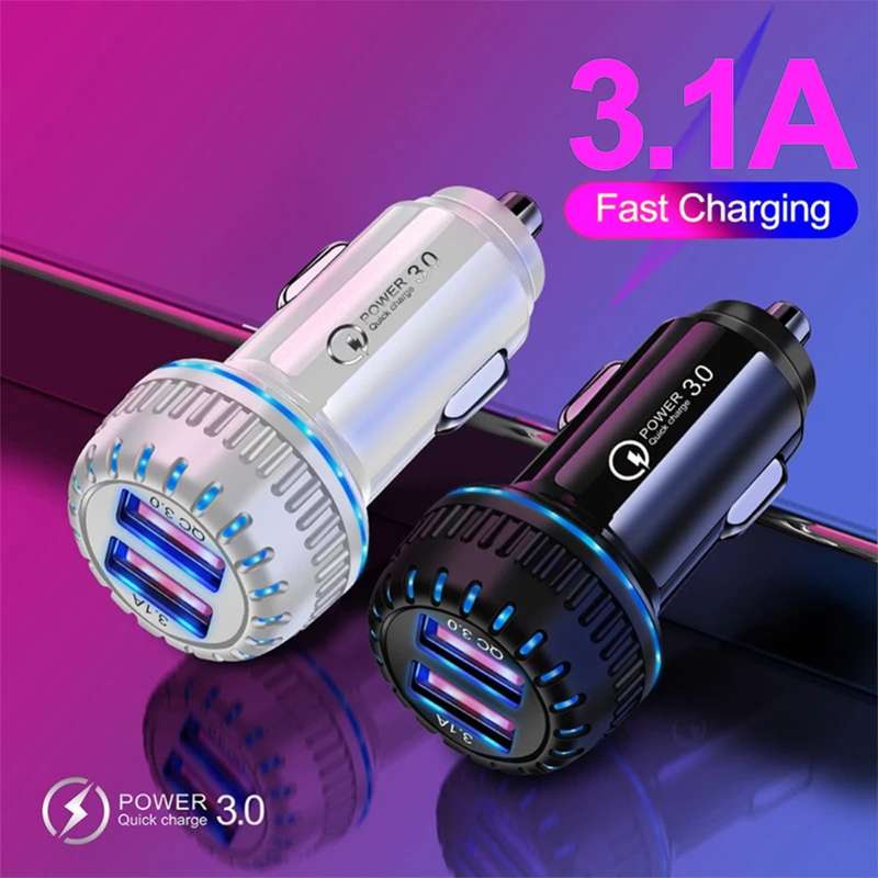 YSY-349 QC3.0 Dual Port USB Car Charger + 3A USB to 8 Pin Data Cable, Length: 1m(White)