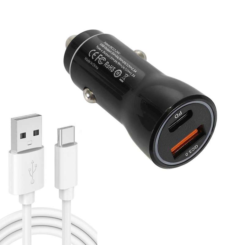 P21 Portable PD 20W + QC3.0 18W Dual Ports Fast Car Charger with USB to Type-C Cable Kit(Black)