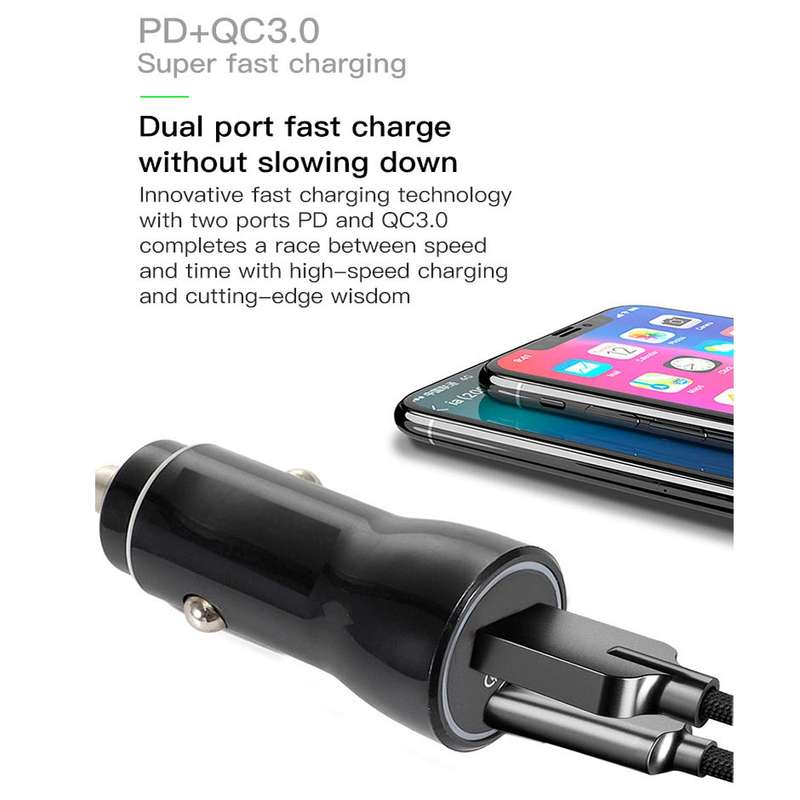 P21 PD 20W USB-C / Type-C + QC3.0 18W USB Fast Car Charger with USB-C / Type-C to 8 Pin Data Cable S
