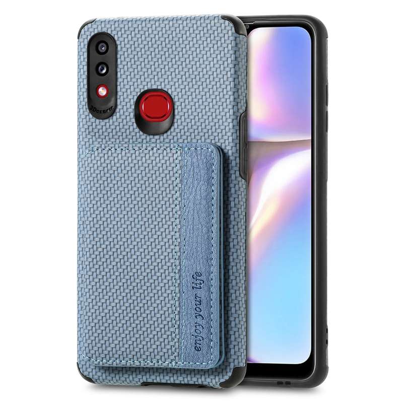 For Samsung Galaxy A10S Carbon Fiber Magnetic Card Bag TPU+PU Shockproof Back Cover Case with Holder