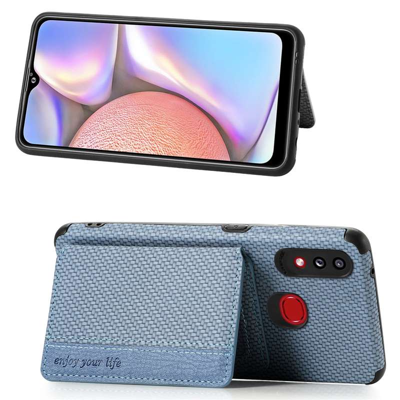 For Samsung Galaxy A10S Carbon Fiber Magnetic Card Bag TPU+PU Shockproof Back Cover Case with Holder