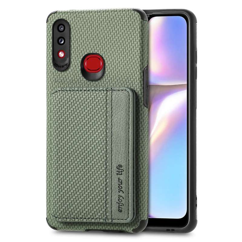 For Samsung Galaxy A10S Carbon Fiber Magnetic Card Bag TPU+PU Shockproof Back Cover Case with Holder