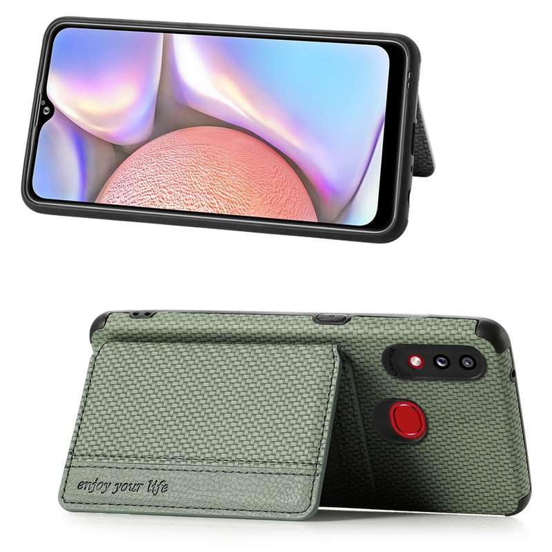 For Samsung Galaxy A10S Carbon Fiber Magnetic Card Bag TPU+PU Shockproof Back Cover Case with Holder
