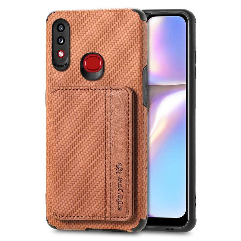 For Samsung Galaxy A10S Carbon Fiber Magnetic Card Bag TPU+PU Shockproof Back Cover Case with Holder