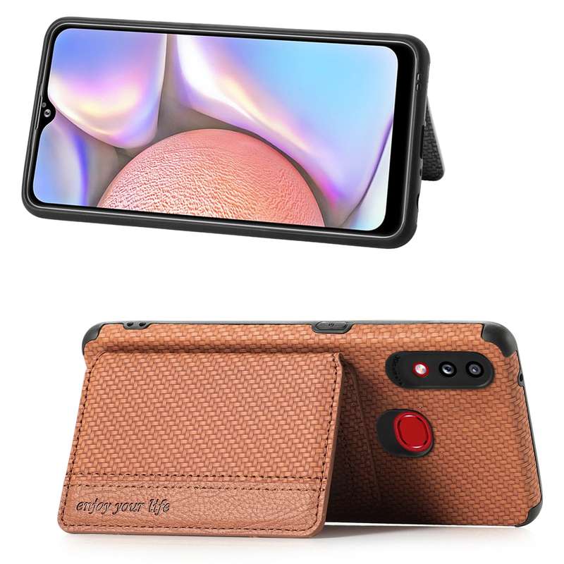 For Samsung Galaxy A10S Carbon Fiber Magnetic Card Bag TPU+PU Shockproof Back Cover Case with Holder