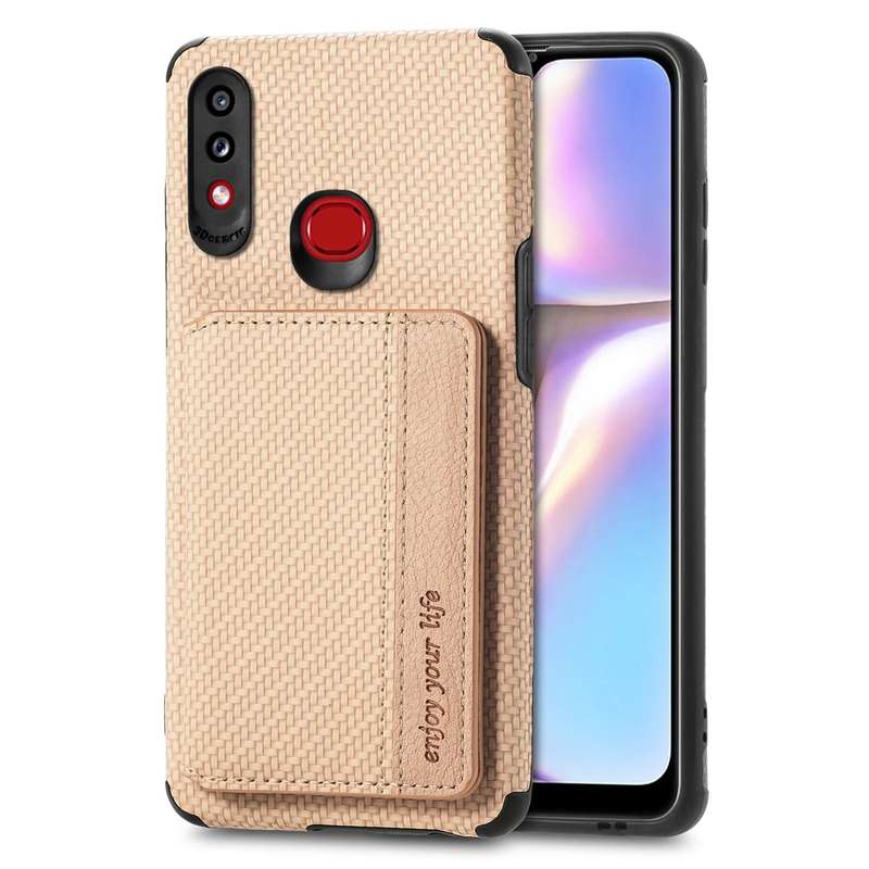 For Samsung Galaxy A10S Carbon Fiber Magnetic Card Bag TPU+PU Shockproof Back Cover Case with Holder
