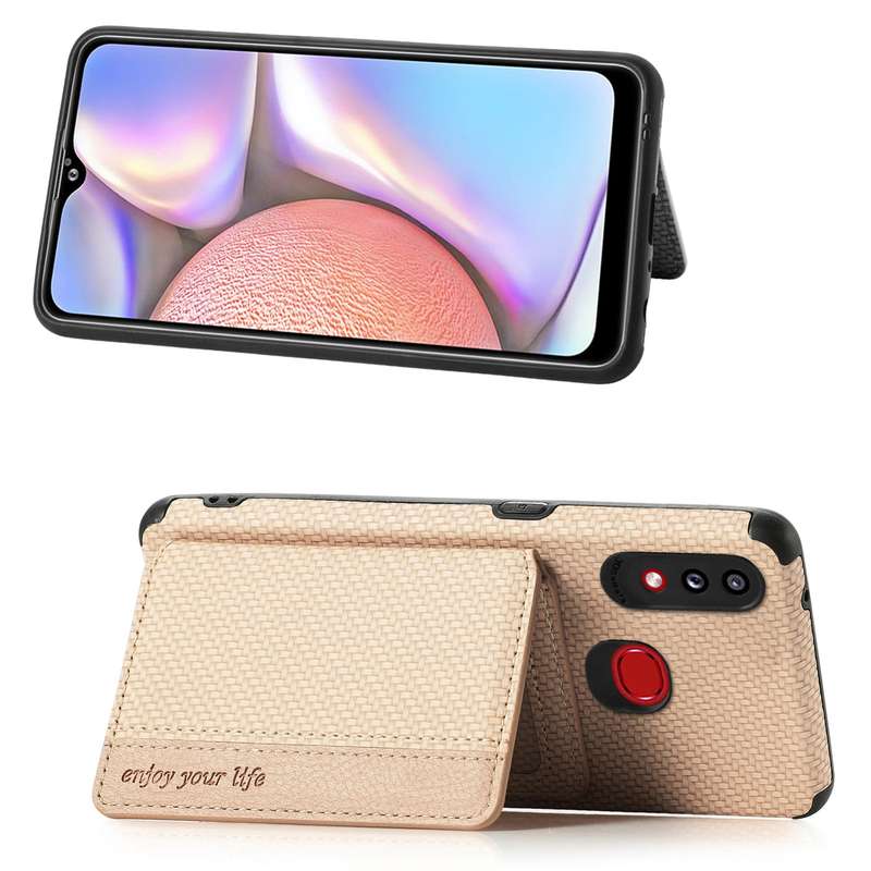 For Samsung Galaxy A10S Carbon Fiber Magnetic Card Bag TPU+PU Shockproof Back Cover Case with Holder