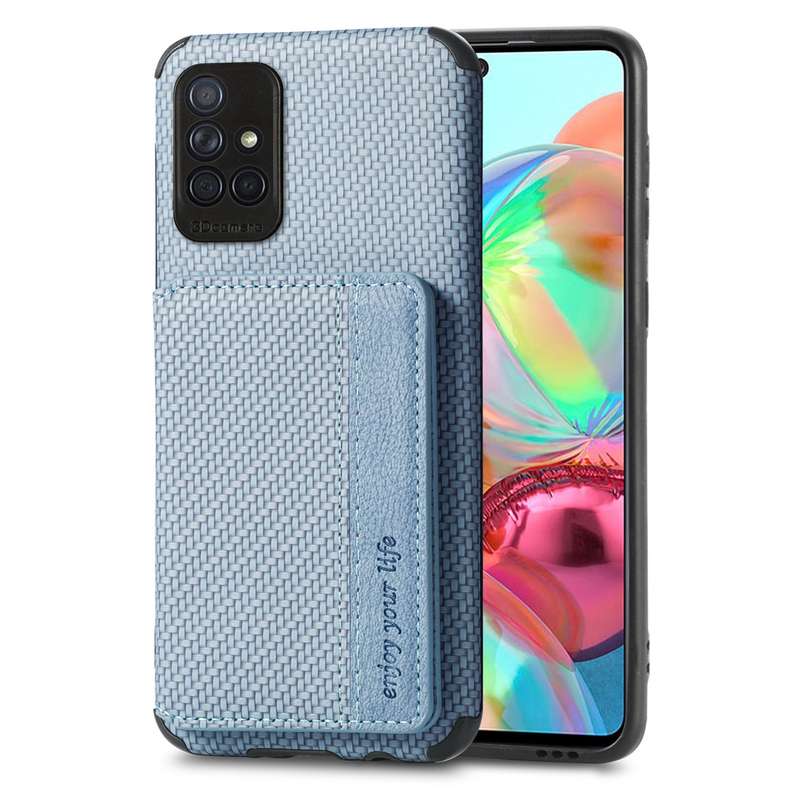For Samsung Galaxy A71 5G Carbon Fiber Magnetic Card Bag TPU+PU Shockproof Back Cover Case with Hold