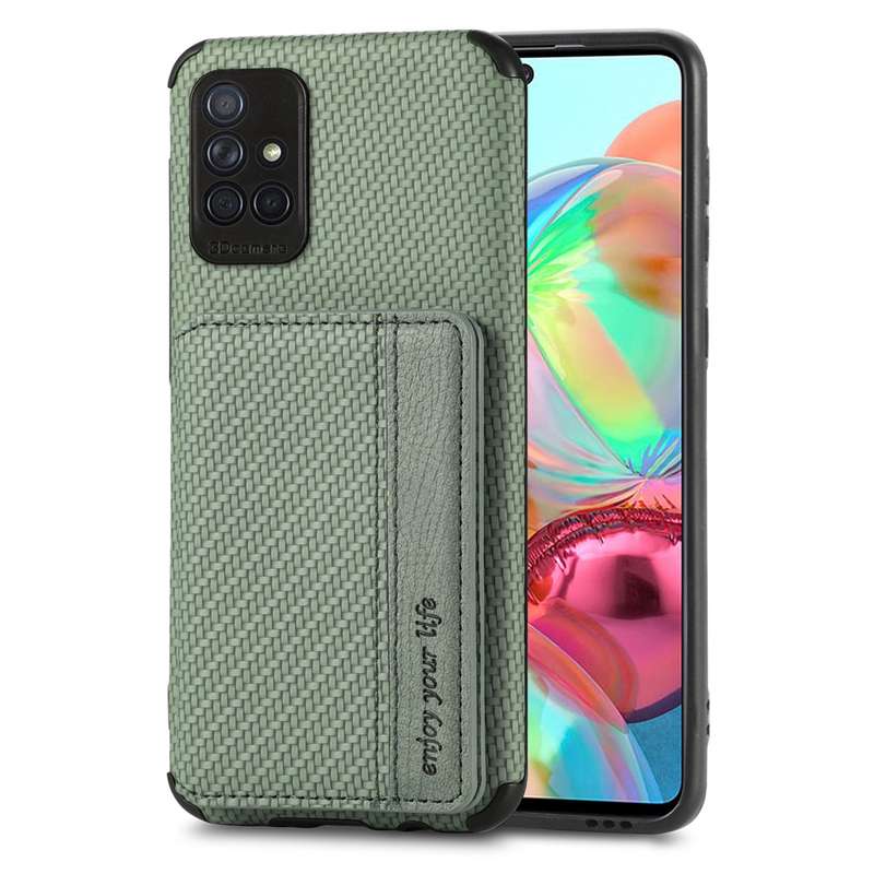 For Samsung Galaxy A71 5G Carbon Fiber Magnetic Card Bag TPU+PU Shockproof Back Cover Case with Hold