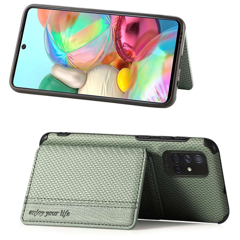 For Samsung Galaxy A71 5G Carbon Fiber Magnetic Card Bag TPU+PU Shockproof Back Cover Case with Hold