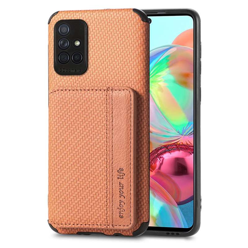For Samsung Galaxy A71 5G Carbon Fiber Magnetic Card Bag TPU+PU Shockproof Back Cover Case with Hold