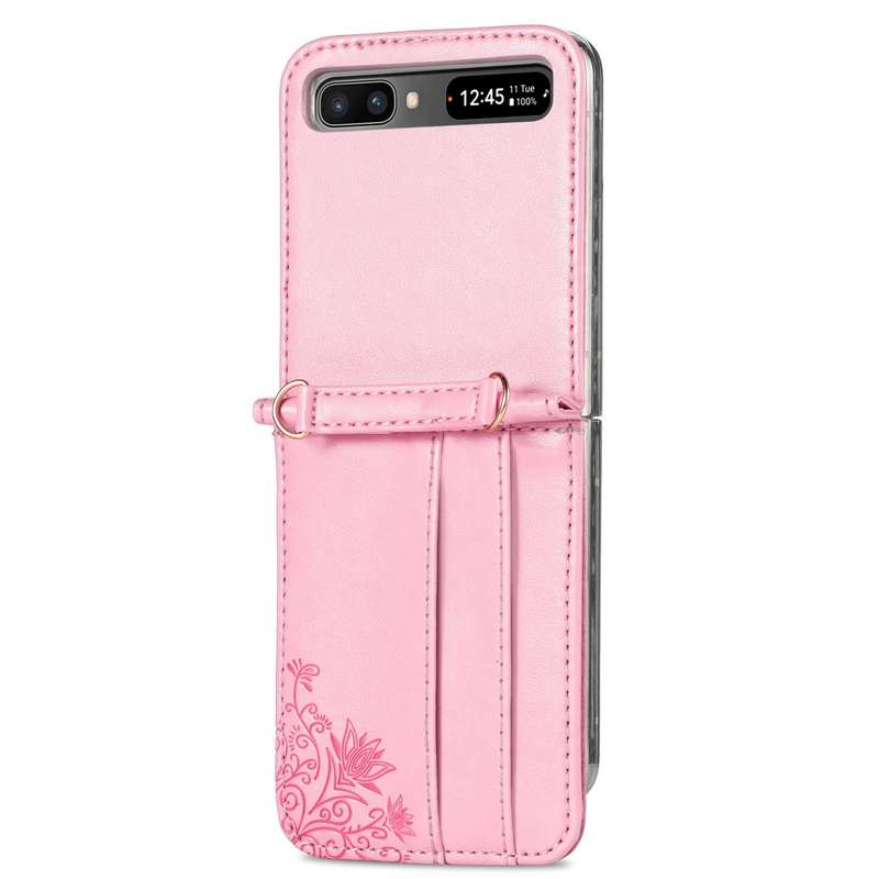 For Samsung Galaxy Z Flip 5G Diagonal Lanyard Embossed Card Phone Case(Pink)