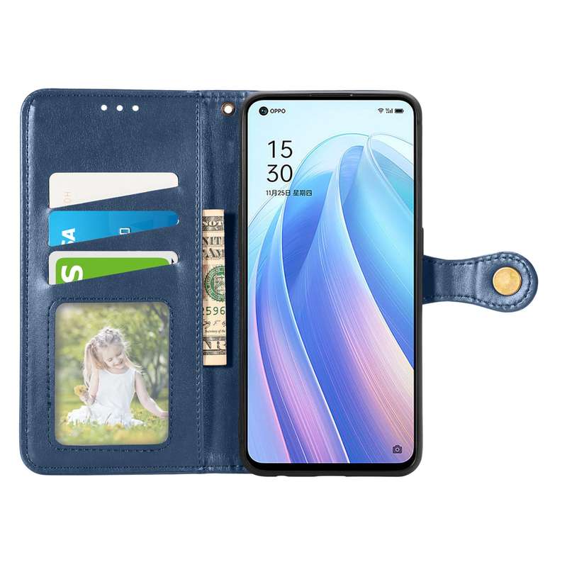For OPPO Reno7 5G Solid Color Leather Buckle Phone Case(Blue)