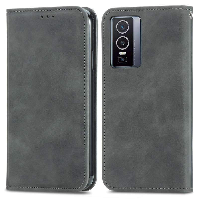 For vivo Y76 5G Retro Skin Feel Magnetic Horizontal Flip Leather Phone Case(Black)
