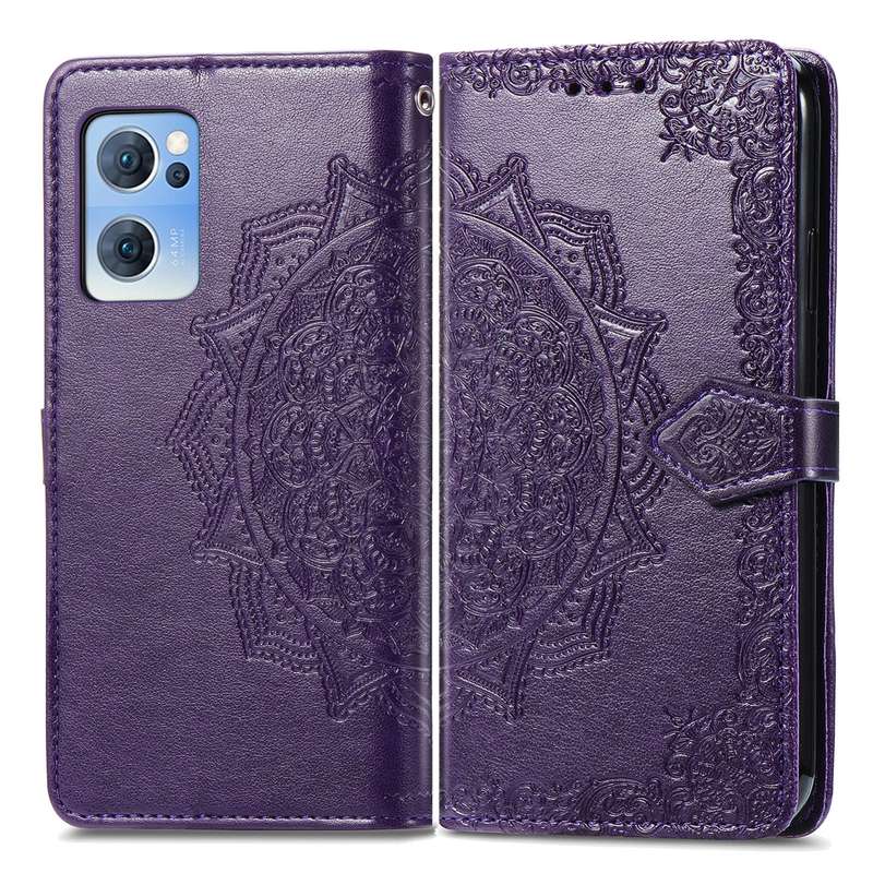 For OPPO Reno7 5G Mandala Flower Embossed Flip Leather Phone Case(Purple)