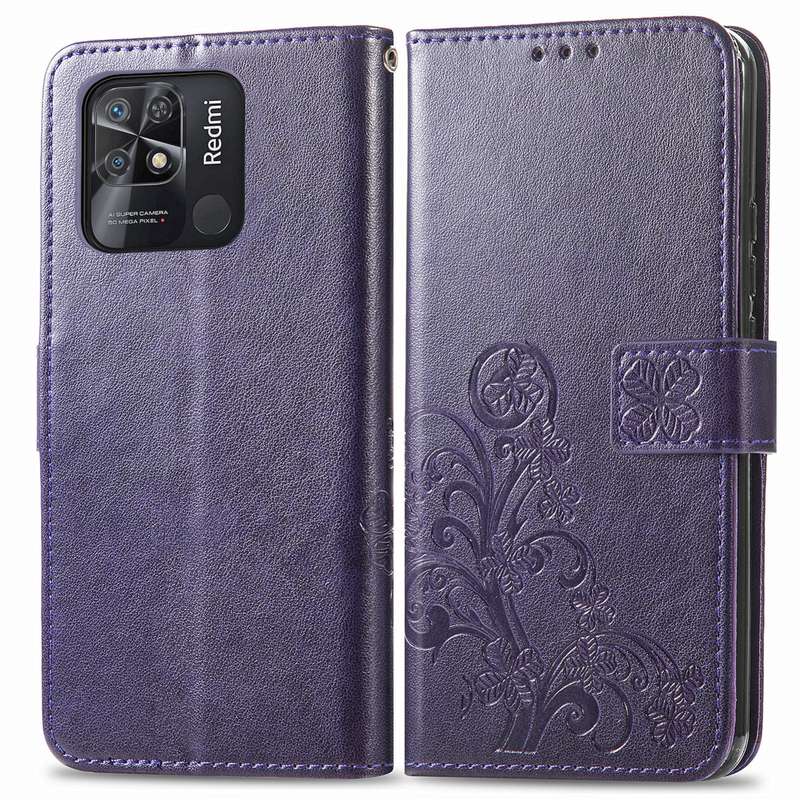 For Xiaomi Redmi 10C Four-leaf Clasp Embossed Buckle Leather Phone Case(Purple)