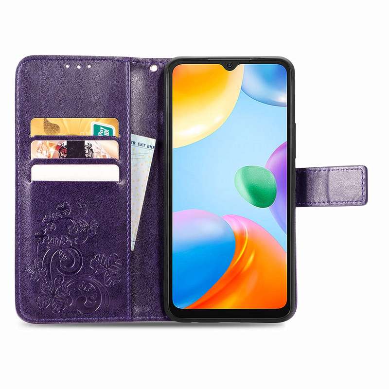 For Xiaomi Redmi 10C Four-leaf Clasp Embossed Buckle Leather Phone Case(Purple)