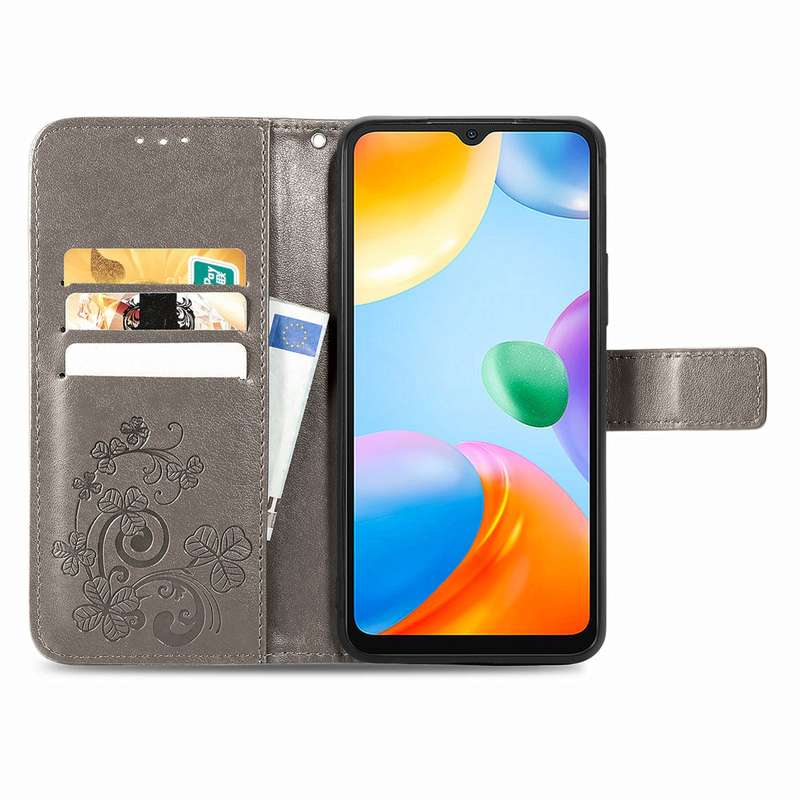 For Xiaomi Redmi 10C Four-leaf Clasp Embossed Buckle Leather Phone Case(Purple)