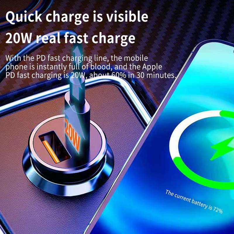 WKN-707 PD 20W USB-C / Type-C + QC 3.0 25W USB Mini Car Charger with USB-C / Type-C to 8 Pin Data Ca