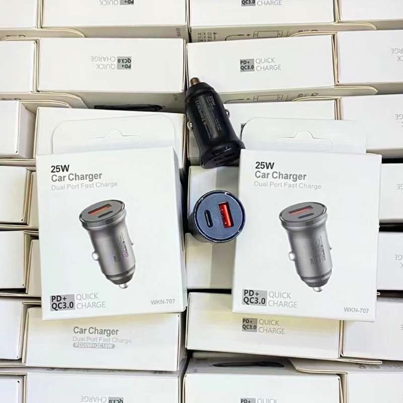 WKN-707 PD 20W USB-C / Type-C + QC 3.0 25W USB Mini Car Charger with USB-C / Type-C to 8 Pin Data Ca