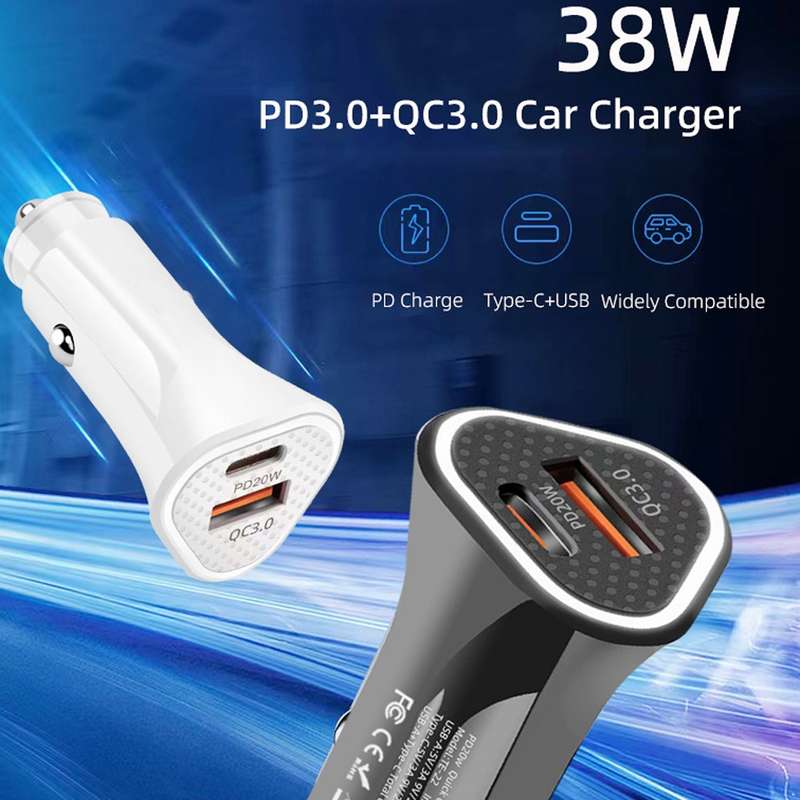 TE-P23 38W PD USB-C / Type-C + QC3. 0 USB Triangle Car Charger + USB-C / Type-C to 8 Pin Data Cable,