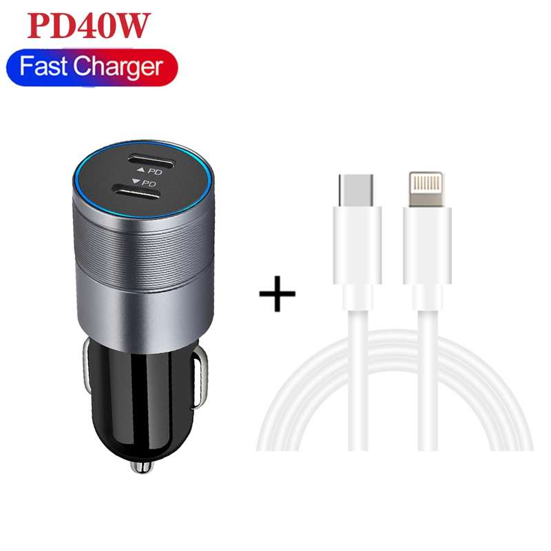 Dual PD 3.0 40W USB-C / Type-C Car Charger with 1m USB-C / Type-C to 8 Pin Data Cable(Grey)
